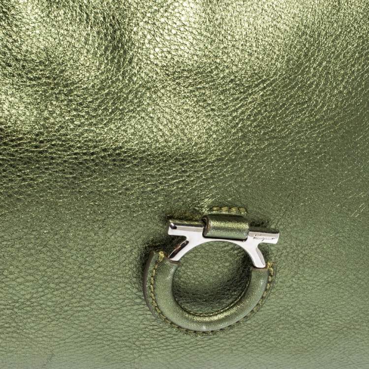 Pre Owned Salvatore Ferragamo Metallic Green Leather Gancio Hobo