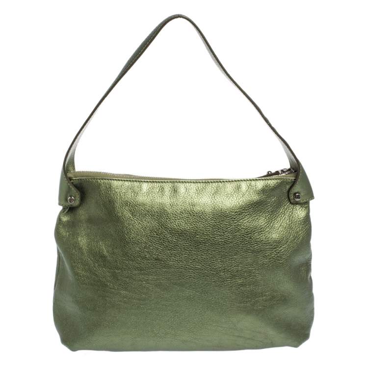 Pre Owned Salvatore Ferragamo Metallic Green Leather Gancio Hobo