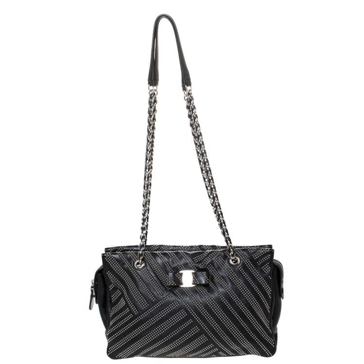 Pre Owned Salvatore Ferragamo Black Studded Leather Ginette Shoulder Bag
