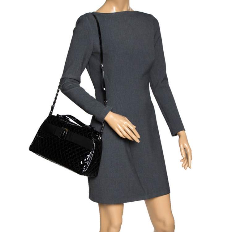Pre Owned Salvatore Ferragamo Black Patent Leather Vara Bow Satchel