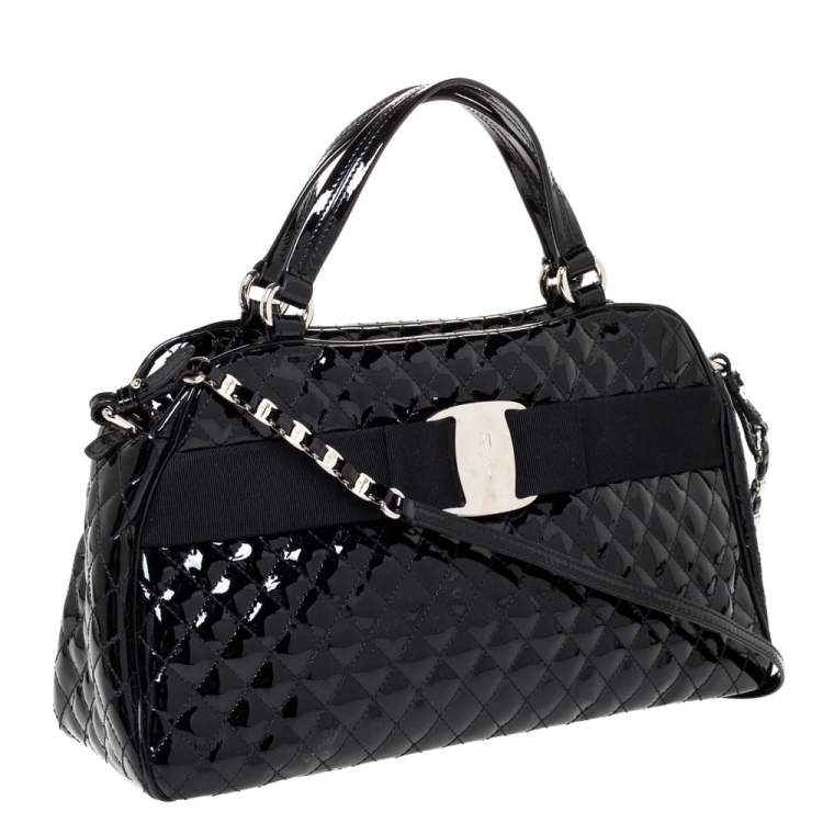 Pre Owned Salvatore Ferragamo Black Patent Leather Vara Bow Satchel