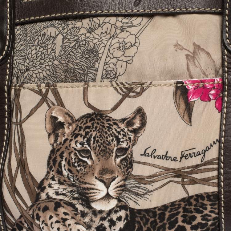 Pre Owned Salvatore Ferragamo Multicolor Jungle Print Nylon and Leather Satchel