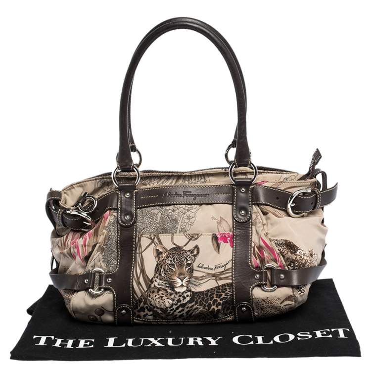 Pre Owned Salvatore Ferragamo Multicolor Jungle Print Nylon and Leather Satchel