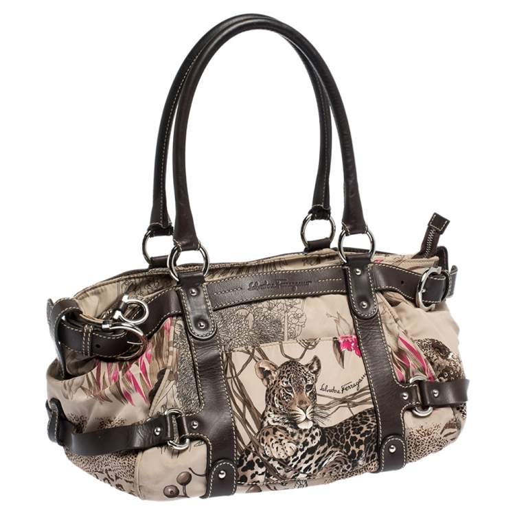 Pre Owned Salvatore Ferragamo Multicolor Jungle Print Nylon and Leather Satchel