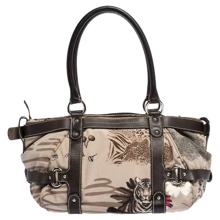 Pre Owned Salvatore Ferragamo Multicolor Jungle Print Nylon and Leather Satchel