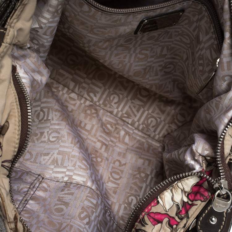 Pre Owned Salvatore Ferragamo Multicolor Jungle Print Nylon and Leather Satchel