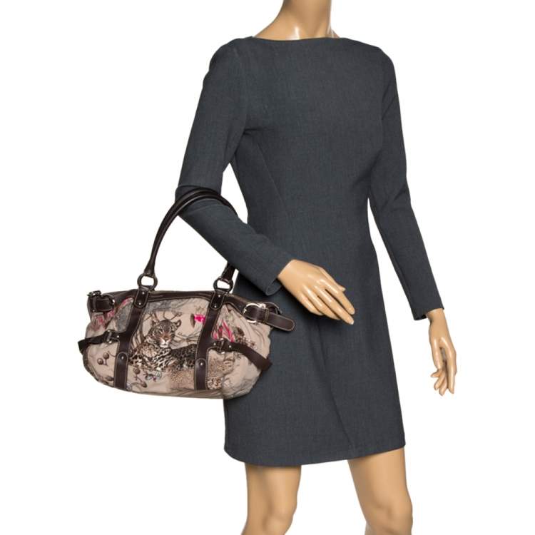 Pre Owned Salvatore Ferragamo Multicolor Jungle Print Nylon and Leather Satchel