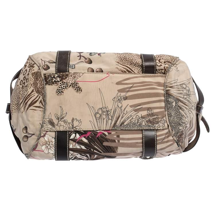Pre Owned Salvatore Ferragamo Multicolor Jungle Print Nylon and Leather Satchel