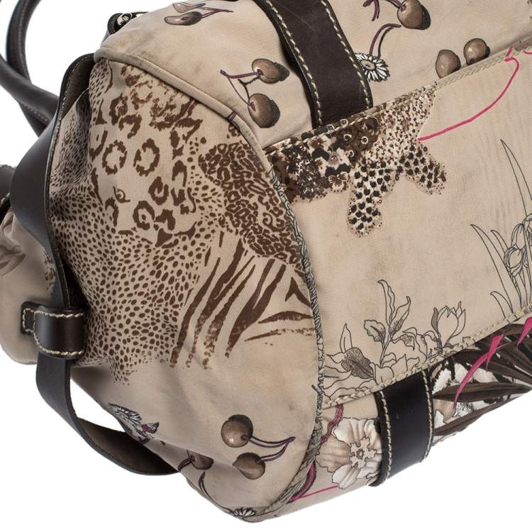 Pre Owned Salvatore Ferragamo Multicolor Jungle Print Nylon and Leather Satchel
