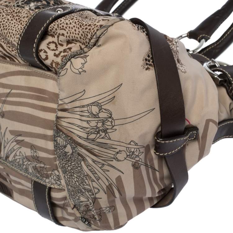 Pre Owned Salvatore Ferragamo Multicolor Jungle Print Nylon and Leather Satchel