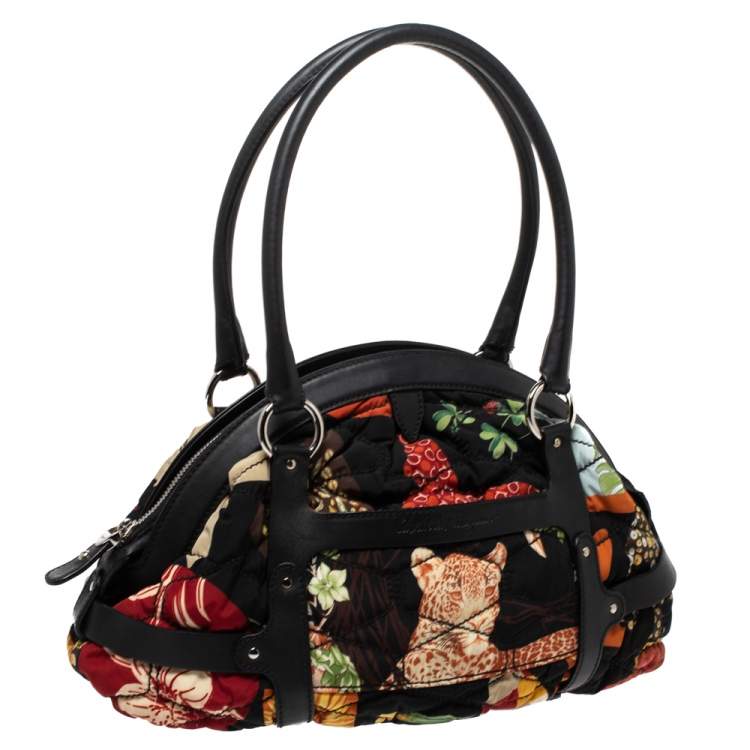 Pre Owned Salvatore Ferragamo Multicolor Fiera Print Nylon and Leather Dome Satchel