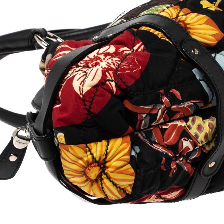Pre Owned Salvatore Ferragamo Multicolor Fiera Print Nylon and Leather Dome Satchel