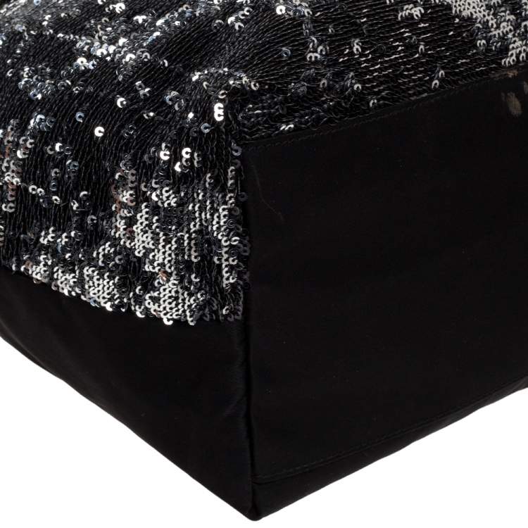 Pre Owned Salvatore Ferragamo Black Sequins and Nylon Vara Bow Tote