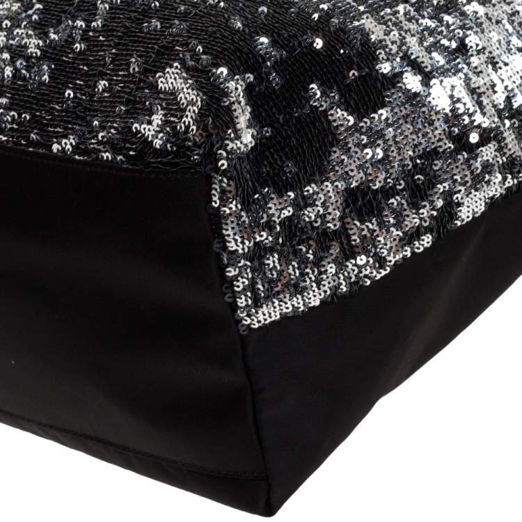 Pre Owned Salvatore Ferragamo Black Sequins and Nylon Vara Bow Tote