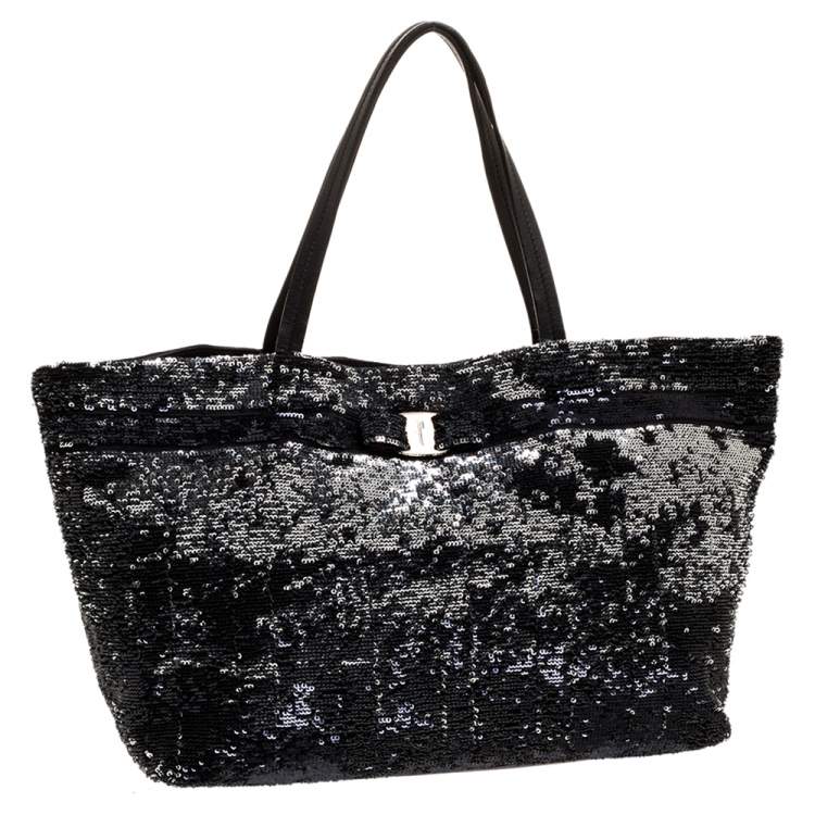 Pre Owned Salvatore Ferragamo Black Sequins and Nylon Vara Bow Tote