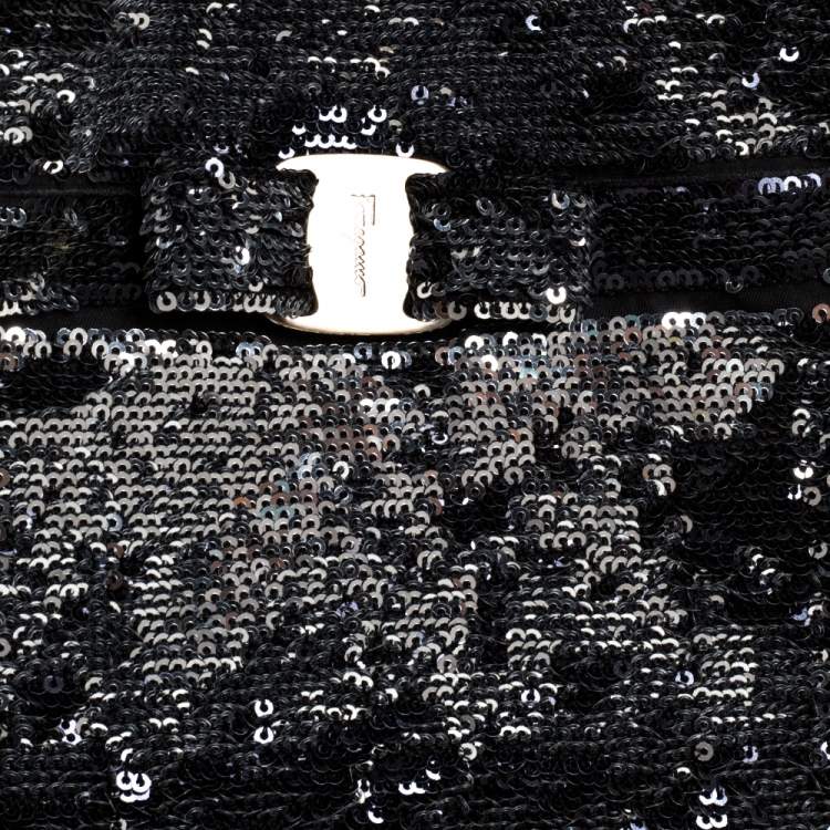 Pre Owned Salvatore Ferragamo Black Sequins and Nylon Vara Bow Tote