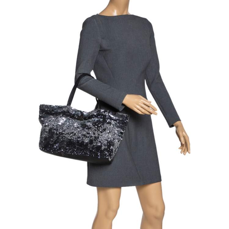 Pre Owned Salvatore Ferragamo Black Sequins and Nylon Vara Bow Tote