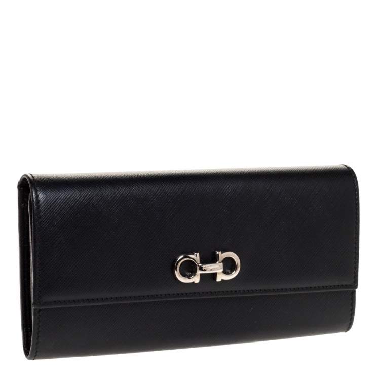Pre Owned Salvatore Ferragamo Black Leather Double Gancio Continental Wallet
