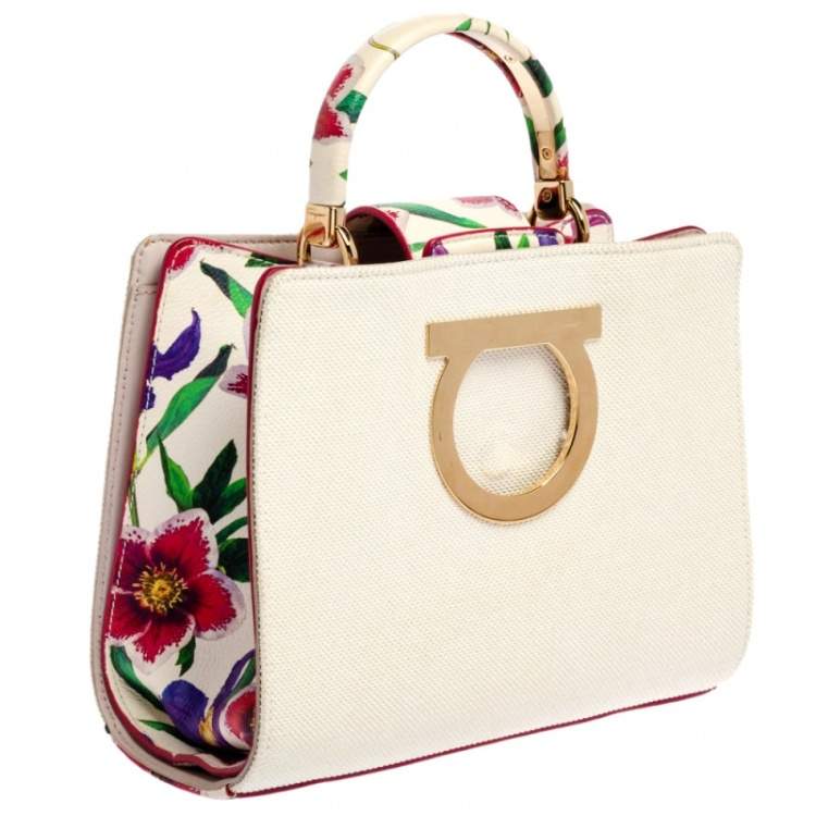 Pre Owned Salvatore Ferragamo Multicolor Floral Print Canvas and Leather Gancini Top Handle Bag
