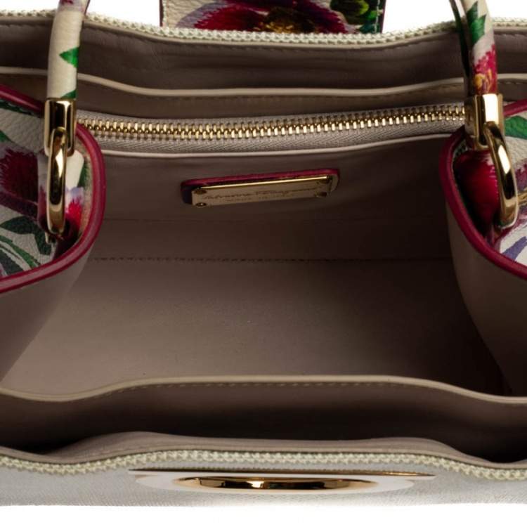 Pre Owned Salvatore Ferragamo Multicolor Floral Print Canvas and Leather Gancini Top Handle Bag