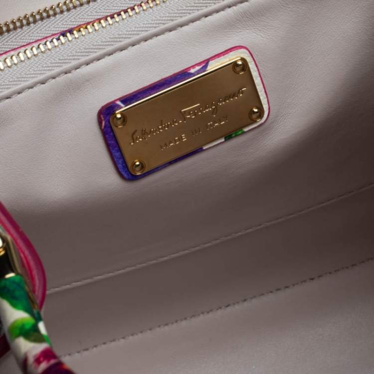 Pre Owned Salvatore Ferragamo Multicolor Floral Print Canvas and Leather Gancini Top Handle Bag