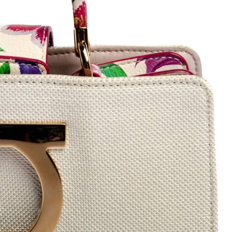 Pre Owned Salvatore Ferragamo Multicolor Floral Print Canvas and Leather Gancini Top Handle Bag