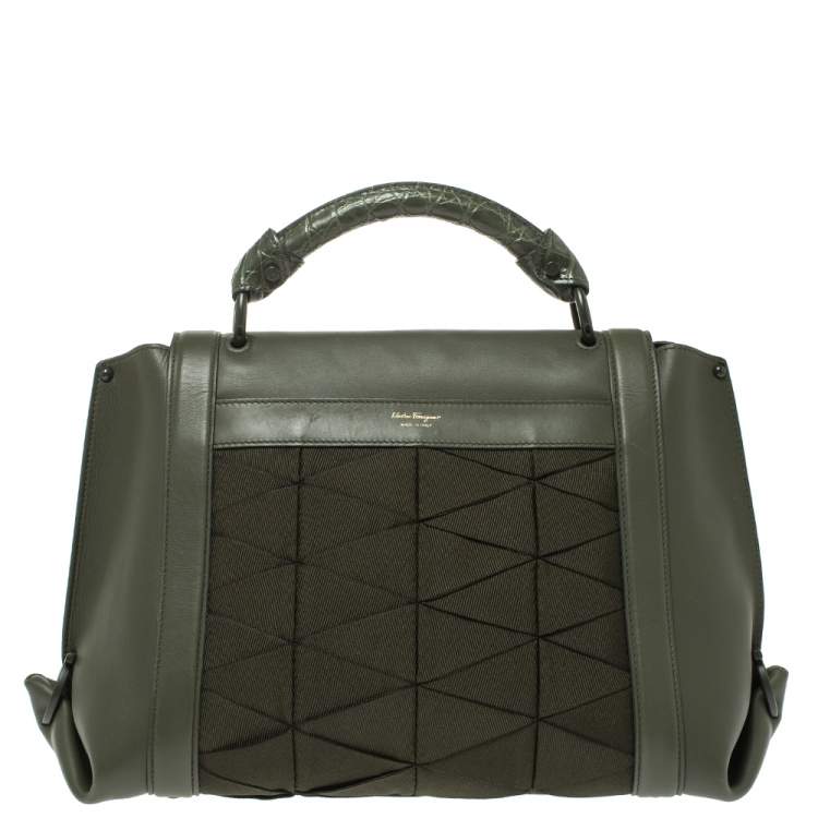 Pre Owned Salvatore Ferragamo Military Green Fabric and Leather Sofia Top Handle Bag
