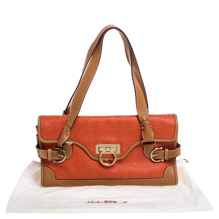 مملوكة مسبقًا Salvatore Ferragamo Orange/Tan Leather Flap Satchel