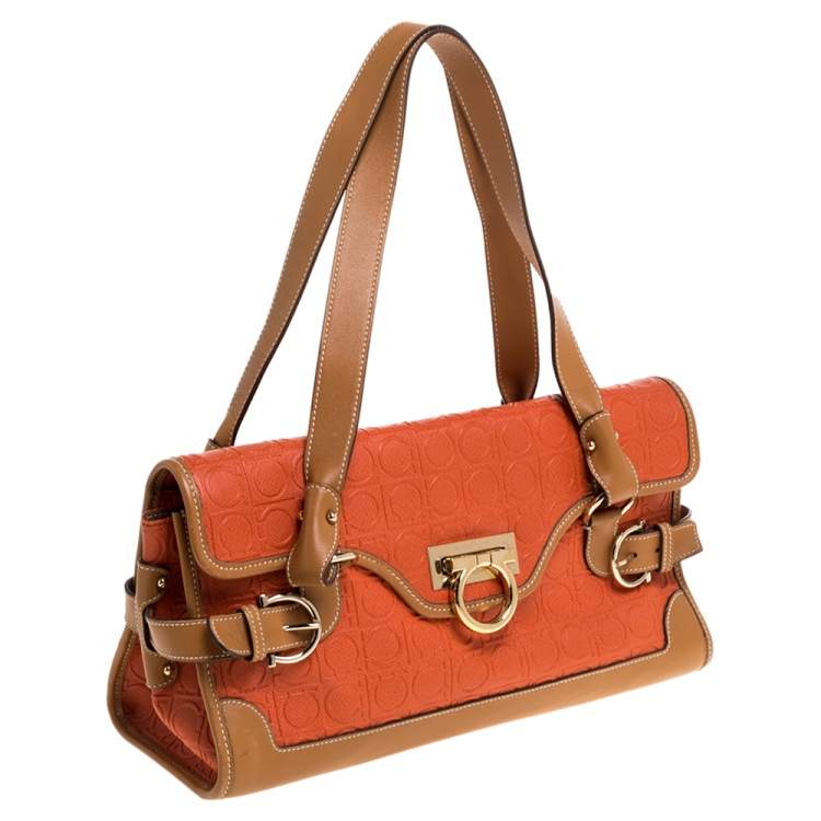 مملوكة مسبقًا Salvatore Ferragamo Orange/Tan Leather Flap Satchel