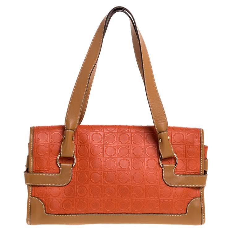 مملوكة مسبقًا Salvatore Ferragamo Orange/Tan Leather Flap Satchel