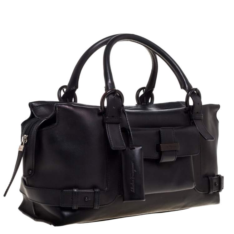 Pre Owned Salvatore Ferragamo Black Leather Front Pocket Satchel 