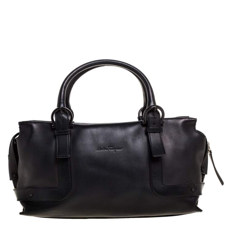 Pre Owned Salvatore Ferragamo Black Leather Front Pocket Satchel 