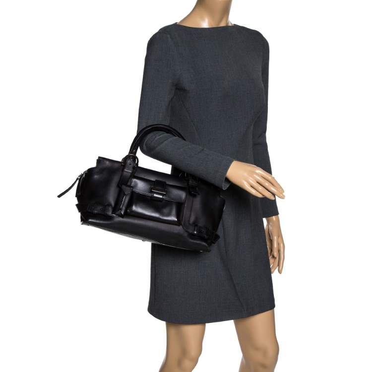 Pre Owned Salvatore Ferragamo Black Leather Front Pocket Satchel 