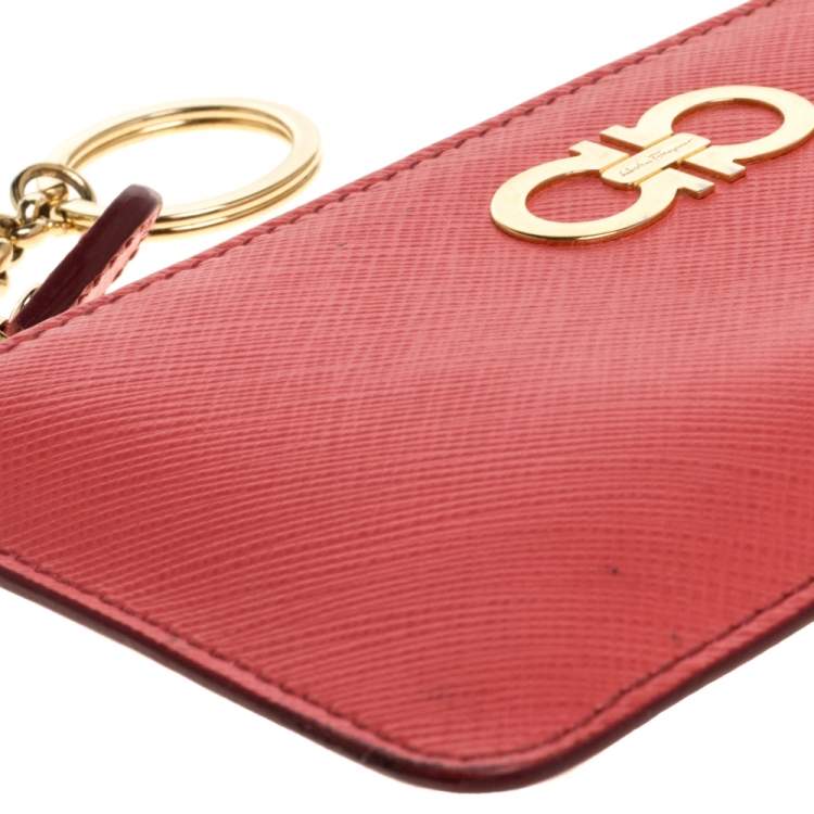 Pre Owned Salvatore Ferragamo Coral Leather Double Gancio Key Pouch