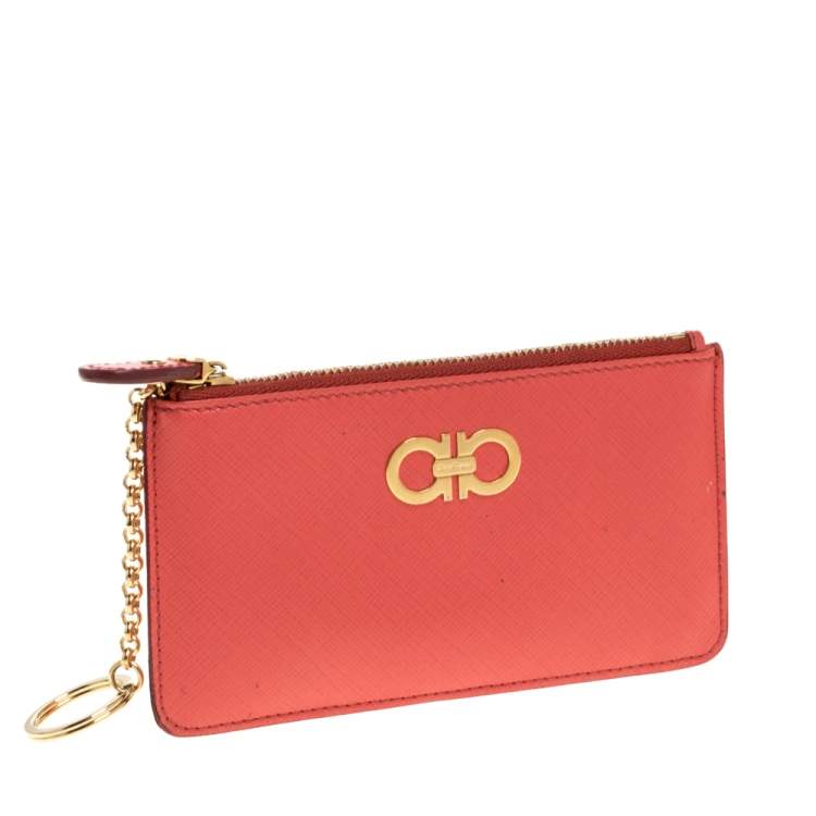 Pre Owned Salvatore Ferragamo Coral Leather Double Gancio Key Pouch