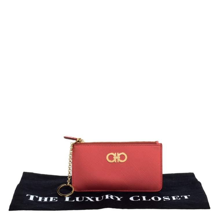 Pre Owned Salvatore Ferragamo Coral Leather Double Gancio Key Pouch