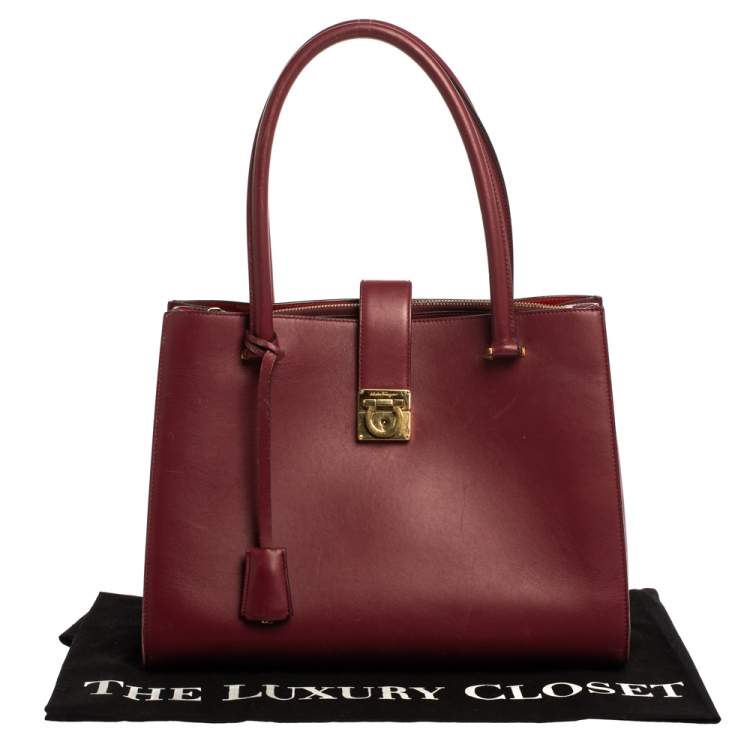 Pre Owned Salvatore Ferragamo Burgundy Leather Marlene Tote
