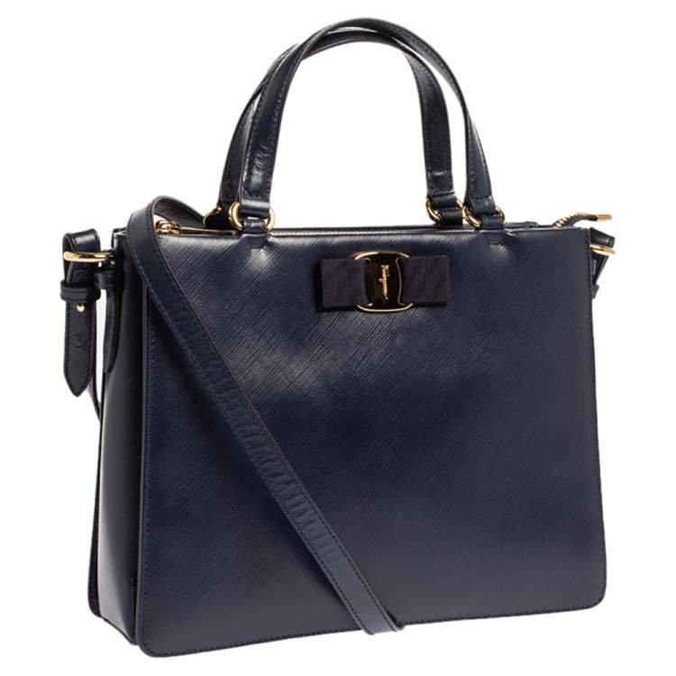 Pre Owned Salvatore Ferragamo Navy Blue Leather Vara Bow Tote