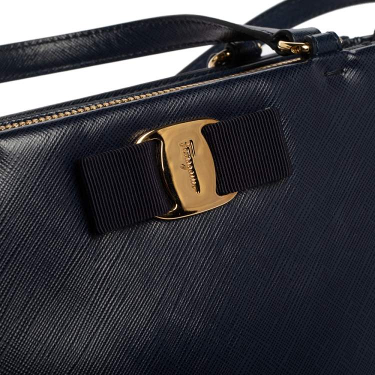 Pre Owned Salvatore Ferragamo Navy Blue Leather Vara Bow Tote
