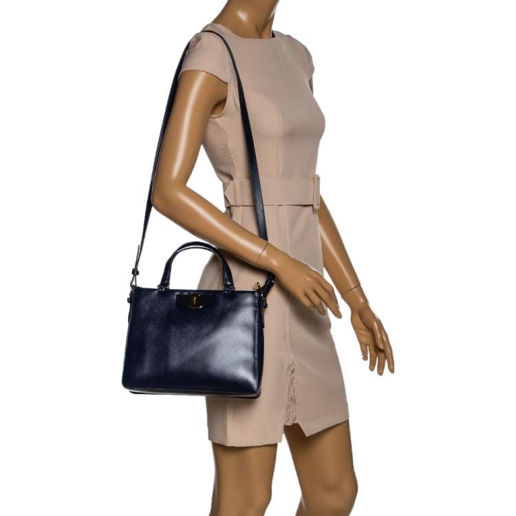 Pre Owned Salvatore Ferragamo Navy Blue Leather Vara Bow Tote
