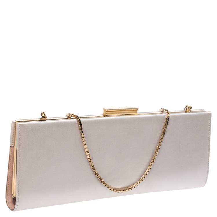 Pre Owned Salvatore Ferragamo Pearl Satin Frame Chain Clutch