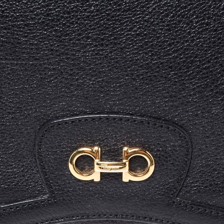 Pre Owned Salvatore Ferragamo Black Leather Gancini Flap Shoulder Bag