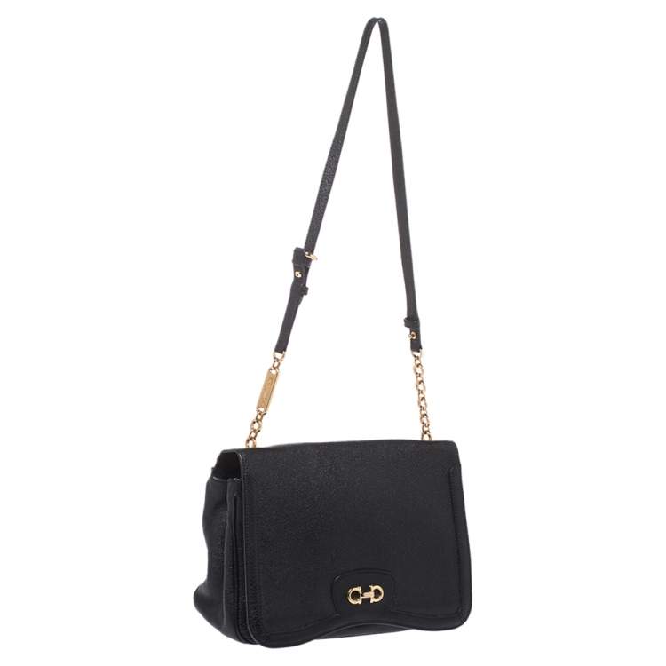 Pre Owned Salvatore Ferragamo Black Leather Gancini Flap Shoulder Bag