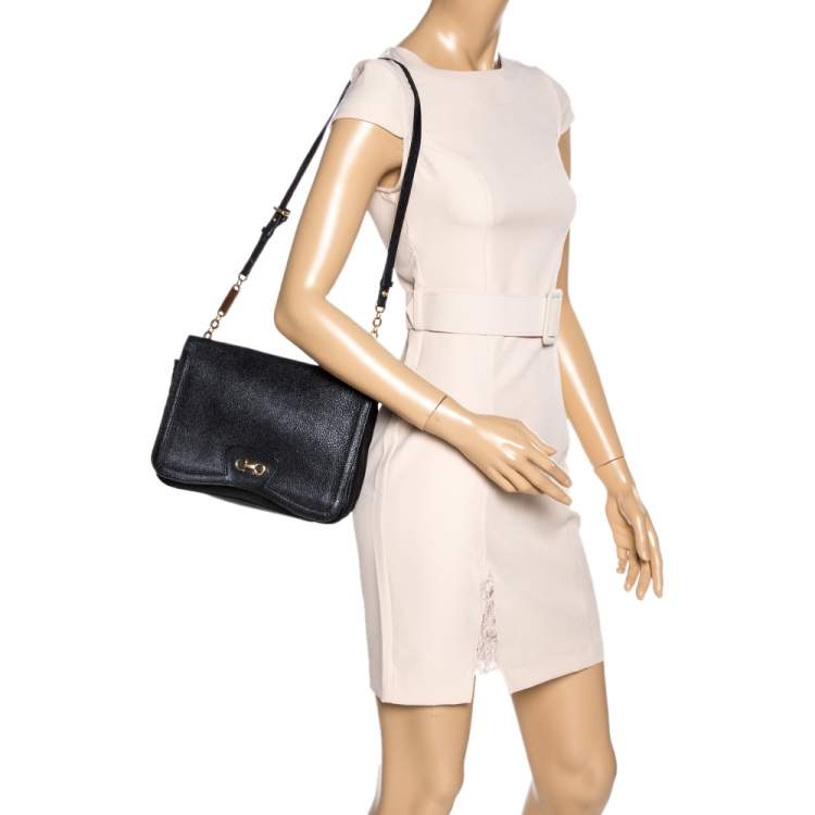 Pre Owned Salvatore Ferragamo Black Leather Gancini Flap Shoulder Bag