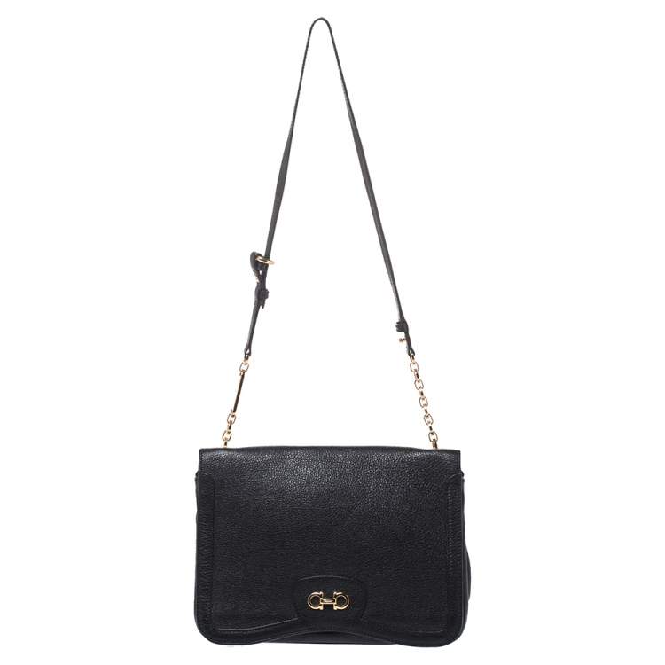 Pre Owned Salvatore Ferragamo Black Leather Gancini Flap Shoulder Bag