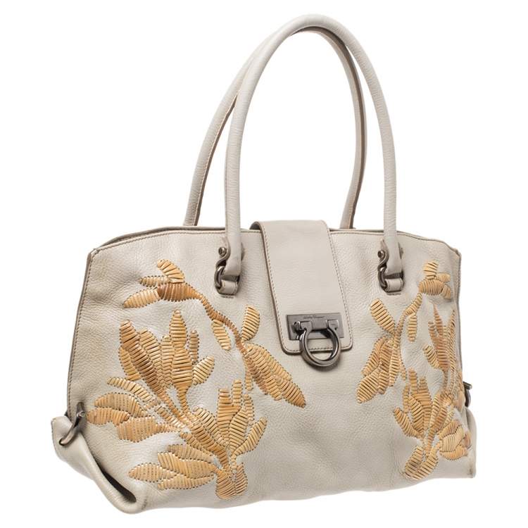 Pre Owned Salvatore Ferragamo Ivory Embroidered Leather Sofia Satchel