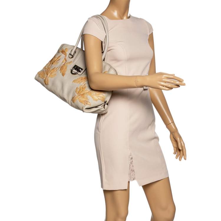 Pre Owned Salvatore Ferragamo Ivory Embroidered Leather Sofia Satchel