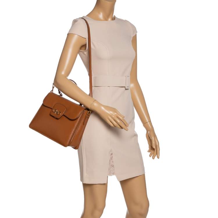 Pre Owned Salvatore Ferragamo Tan Leather Double Gancio Top Handle Bag