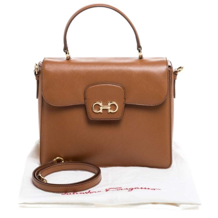 Pre Owned Salvatore Ferragamo Tan Leather Double Gancio Top Handle Bag