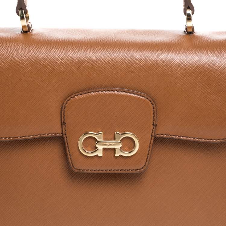 Pre Owned Salvatore Ferragamo Tan Leather Double Gancio Top Handle Bag